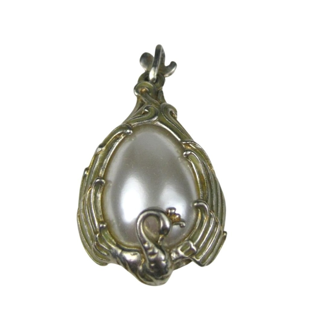Swan Oval Pendant Art Deco Style Vintage Mma Mad Faux Pearl